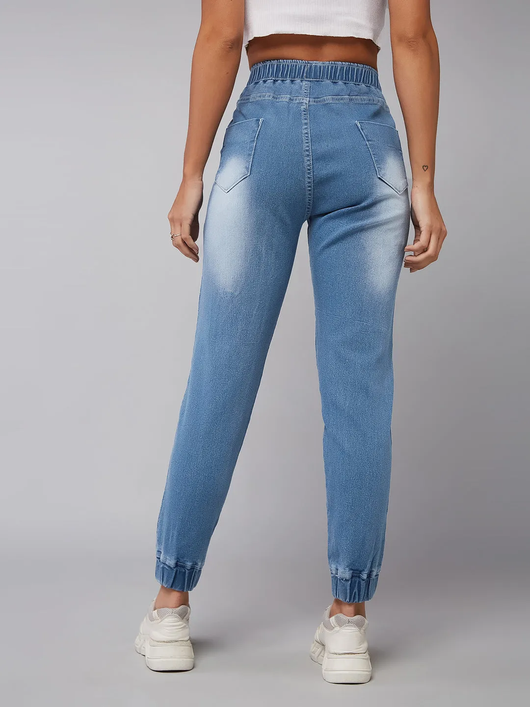 Women's Light Blue Solid Mid Rise Stretchable Denim Jogger Pants