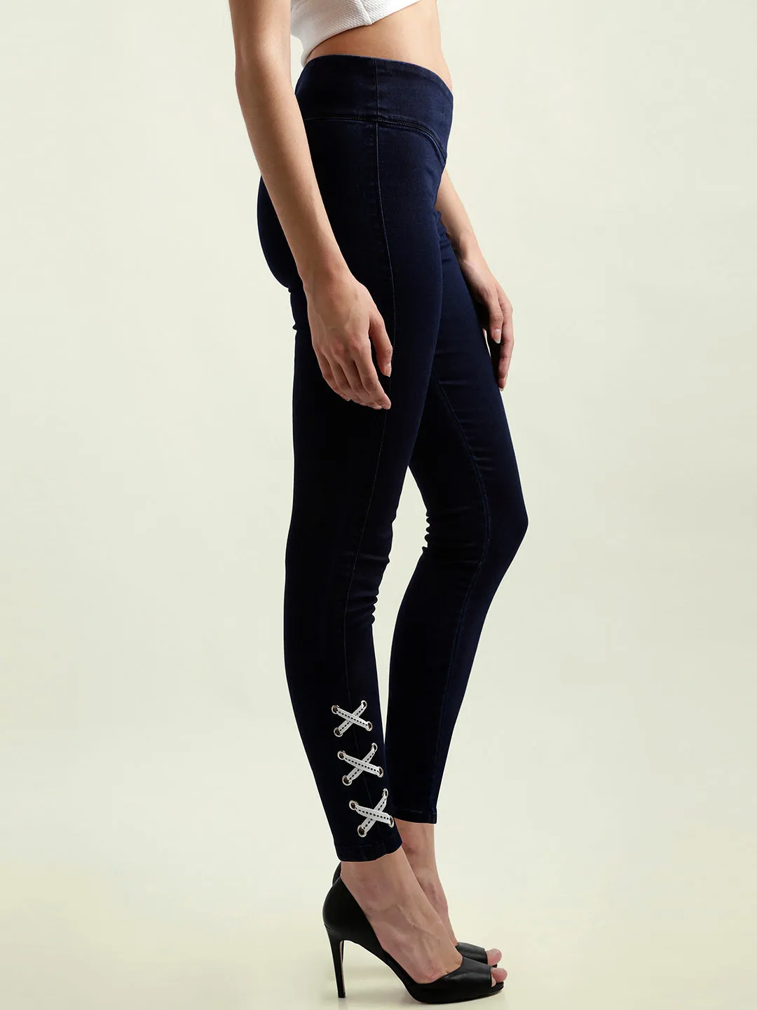 Women's Navy Blue Super Skinny Fit High Rise Regular Length Criss Cross Twill Tape Detailing Denim Stretchable Jeggings