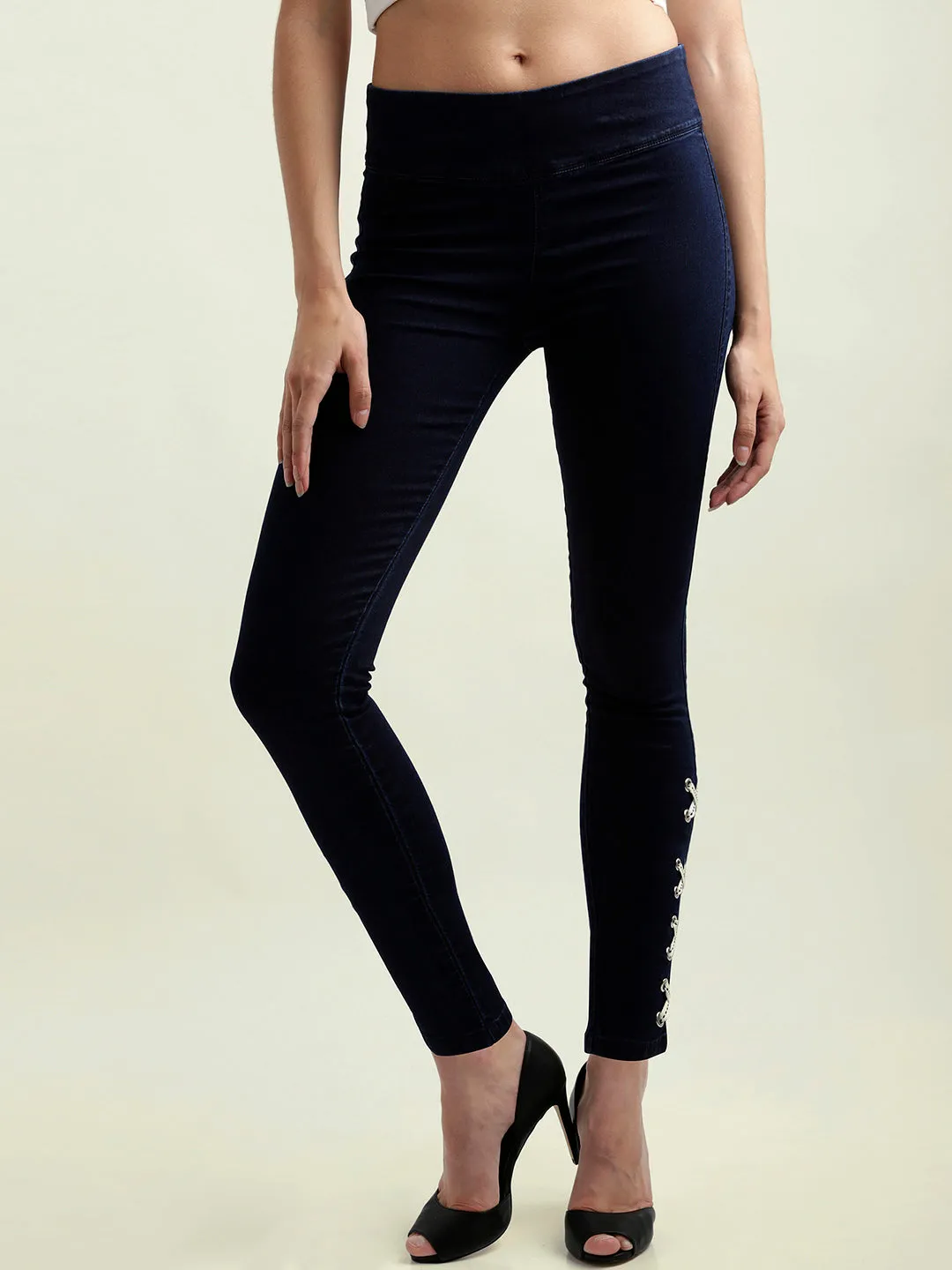 Women's Navy Blue Super Skinny Fit High Rise Regular Length Criss Cross Twill Tape Detailing Denim Stretchable Jeggings