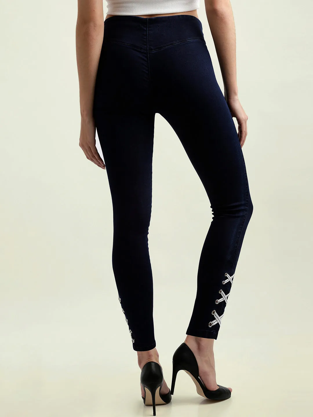 Women's Navy Blue Super Skinny Fit High Rise Regular Length Criss Cross Twill Tape Detailing Denim Stretchable Jeggings