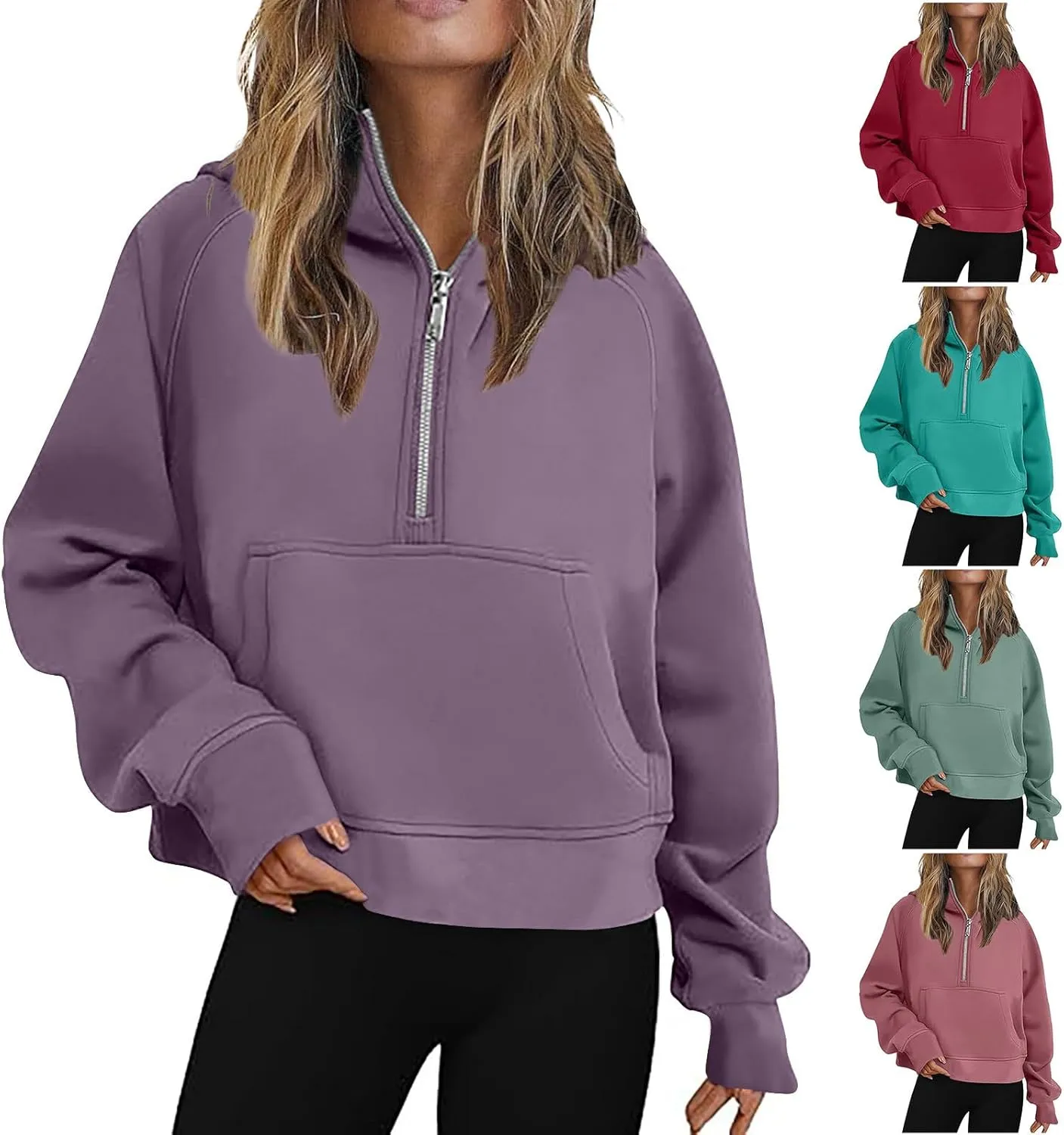 Womens Oversized Hoodies Half Zipper Fleece Cropped Sweatshirt Oversized Long Sleeve Pullover with Pocket