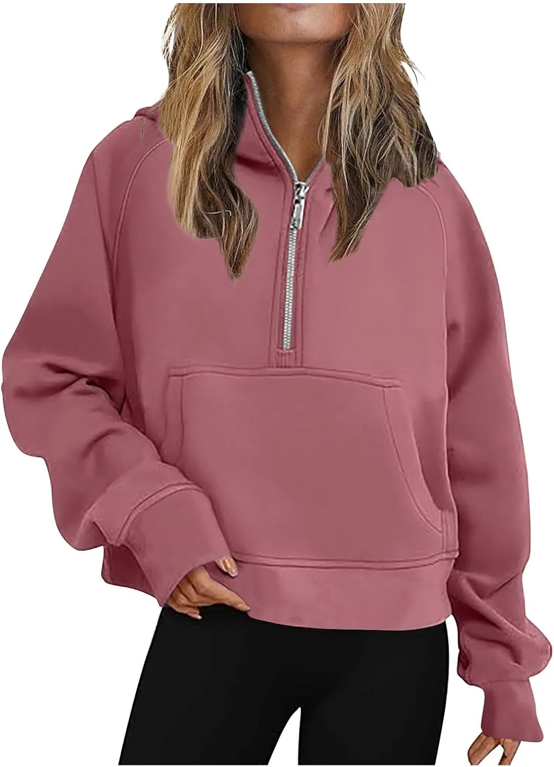 Womens Oversized Hoodies Half Zipper Fleece Cropped Sweatshirt Oversized Long Sleeve Pullover with Pocket